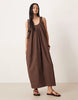 poplin ruched scoop neck and back maxi sundress in chocolate