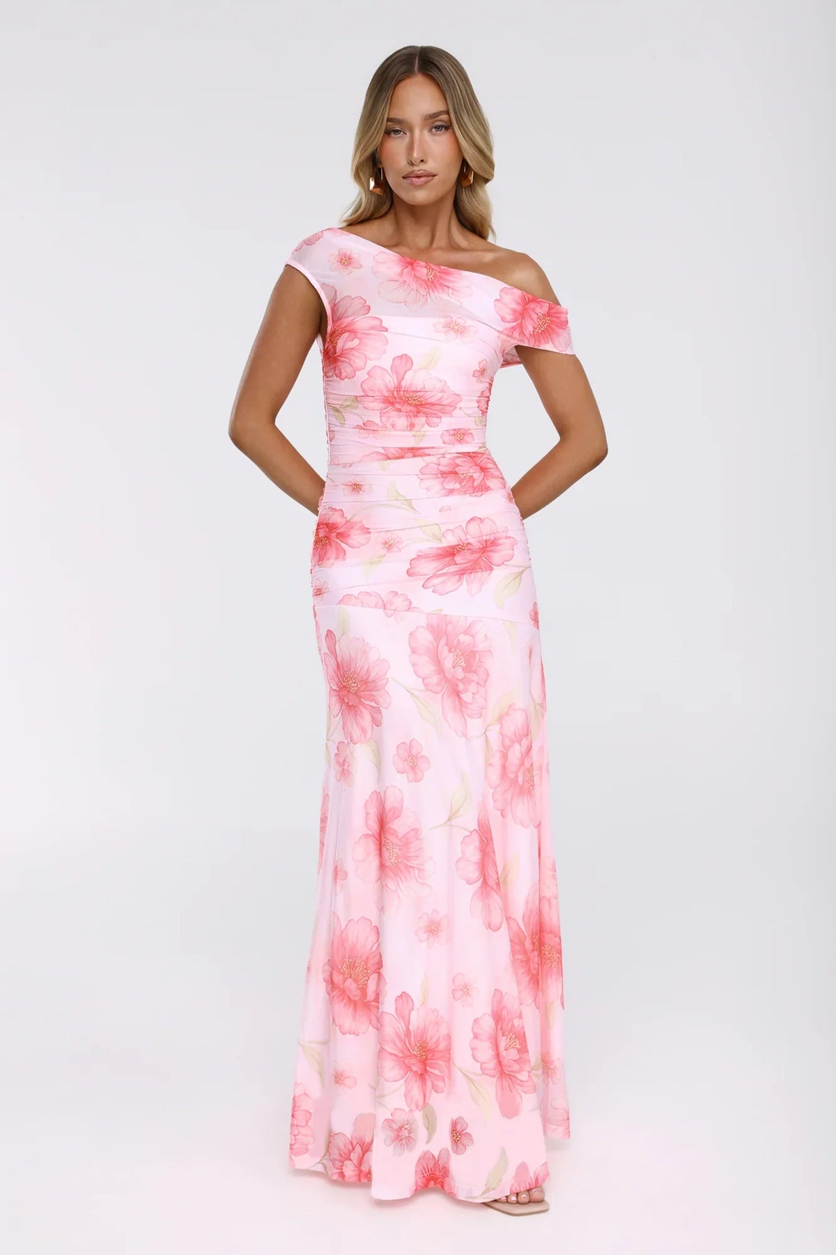 Florals Like You Off Shoulder Mesh Maxi Dress Pink
