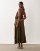 linen look halter neck bubble hem maxi dress in khaki