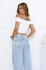 Daydreamer Ribbed Off-Shoulder Crop Top White