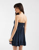 Hollister strapless tie front ruffle trim babydoll mini dress in navy polka dots