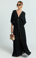 Sitting Pretty Maxi Dress - Short Sleeve Button Down Dress in Black