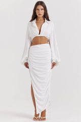 white gathered maxi skirt
