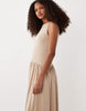 rib knit mixed fabrics midi dress with dropped waist in oatmeal