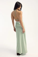 Luck & Trouble Marcella Lace Trim Satin Maxi Dress Soft Green