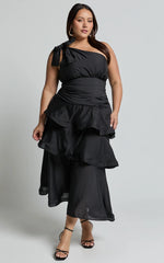 Eugenia Midi Dress - One Shoulder Fit and Flare Layered Dress in Black