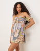 eyelet frill off the shoulder mini dress in patchwork floral print
