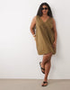 Curve cotton linen v neck smock mini dress in moss green