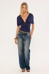 Motel Vernia Plunge Batwing Top Cupro Navy