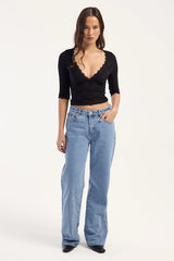 Luck & Trouble Maria Lace 3/4 Sleeve V Neck Top Black