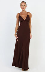 Azura Maxi Dress - Backless Beaded Trim Dress in Chocolate