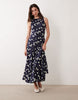 racer neck maxi dress with godets in navy polka dots