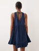 denim v neck tiered smock dress in mid blue