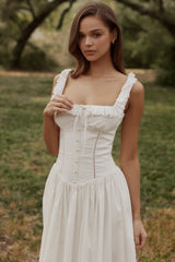 white cotton broderie anglaise trim midi dress