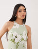 VILA racer neck satin midi dress in pale green floral print