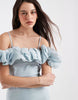 Object extreme off the shoulder satin ruffle trim maxi dress in soft blue