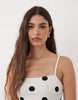 cami midi dress with side slit in buttermilk and black polka dots