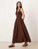 crinkle scoop neck midaxi sundress with shirred waist in black and chocolate gingham