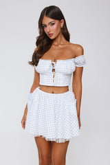 Candlelit Lovers Off Shoulder Gingham Crop Top Blue