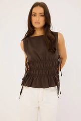 Luck & Trouble Verona Ruched Side Tie Top Chocolate
