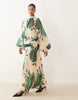 Curve high neck draped chiffon maxi dress with neck tie in green floral print