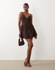The Frolic exclusive cotton ruched waist full skirted cami mini dress in chocolate