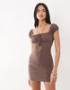 The Frolic exclusive linen blend ruched bust cap sleeve mini dress in chocolate