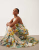 pinny double layer maxi dress with ruffle detail in blue and yellow abstract print