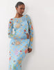 Never Fully Dressed mesh long sleeve midi dress in blue celestial print