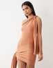 Aria Cove shimmer knit asymmetric shoulder drape detail tie side mini dress in orange