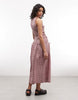 COLLUSION square neck shirred midi dress in pink plaid