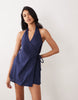 cotton-linen blend halter neck wrap mini sundress in navy