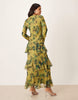 long sleeve ruffle chiffon maxi dress in green floral