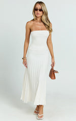 Paris Midi Dress - Strapless Drop Waist Pleated Knit Dress in White