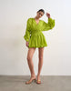 Topshop cotton long sleeved deep plunge bubble hem mini dress in lime