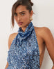 embellished sheer sequin halter maxi dress in blue