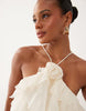 Gina Tricot mini frill halterneck mini dress with rose corsage in off white