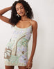 bias cut double rouleaux strap artwork embellished mini dress in aqua