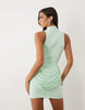 Wanderdoll Margot sculpted high neck sleeveless drape detail mini dress in turquoise