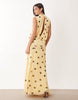 mesh blouson maxi dress with ruched dropped waist skirt in lemon polka dot print