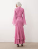 long sleeve layered godet bias cut maxi dress in pink