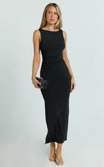 Gail Midi Dress - Jersey Scoop Neck Open Back Bodycon Dress in Black