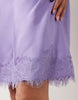 Petite slash neck satin mini dress with lace hem in lilac
