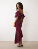 lace mix bardot off shoulder ruffle midi dress in burgundy