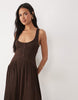 crinkle button through midi dress in chocolate