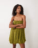 wave textured bubble sweetheart neck mini dress in olive green
