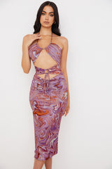 purple swirl cutout midi dress