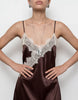 Noisy May satin asymmetric lace hem longline top in chocolate