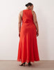 Curve racer neck bias maxi dress with godet hem in red
