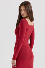red fitted long sleeve top